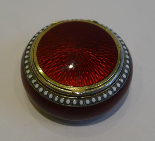Outstanding Silver Gilt and Red Guilloche Enamel Pill Box by David Anderson - 1898