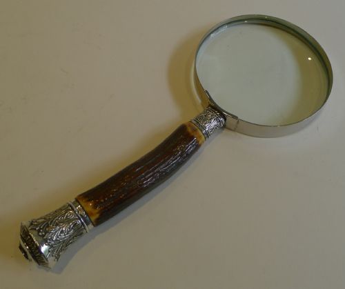 Grand Antique English Antler Horn & Sterling Silver Magnifying Glass - 1883