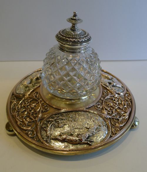 fig 1. Huge Antique English Electrotype Figural Inkwell - Hares. Game Birds, Stag c.1880