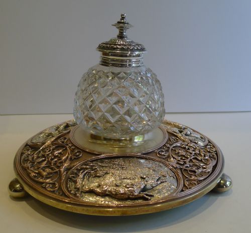 Huge Antique English Electrotype Figural Inkwell - Hares. Game Birds, Stag C.1880