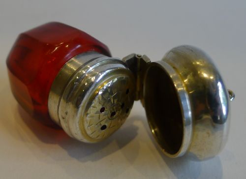 fig 1. Antique English Ruby Glass & Sterling Silver Vinaigrette c.1880