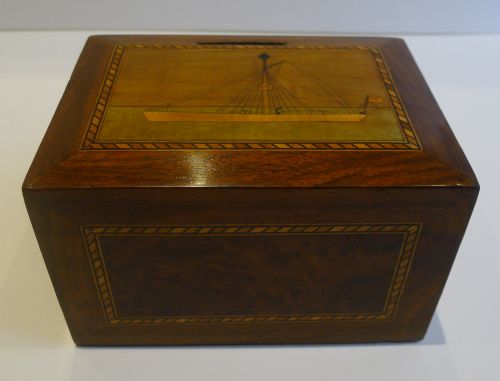 Antique English Inlaid Walnut Trinity House Money Box / Bank - Maritime Interest, C.1870