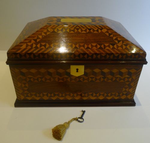 Magnificent Large Antique English Rosewood & Parquetry Jewelry / Sewing Box C.1820