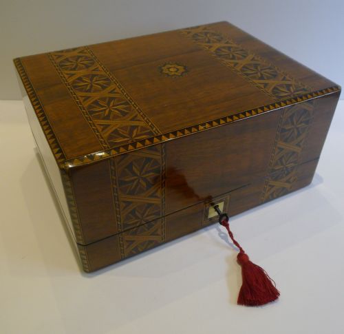fig 1. Rare Antique English Inlaid Walnut Cantilever Jewelry Box c.1870