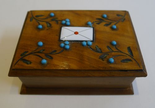 Antique Olivewood Stamp Box - Turquoise Beads and Enamel Letter C.1900