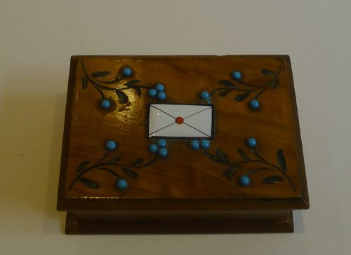 fig 1. Antique Olivewood Stamp Box - Turquoise Beads and Enamel Letter c.1900
