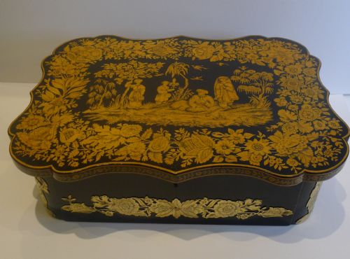 Rare Grand Antique English Penwork Jewelry Box with Figural Gilt Mounts C.1820
