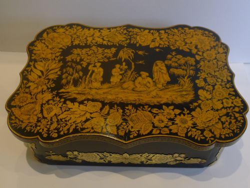 fig 1. Rare Grand Antique English Penwork Jewelry Box With Figural Gilt Mounts c.1820