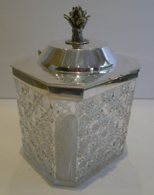 Antique English Cut Crystal and Silver Plated Biscuit Box C.1890