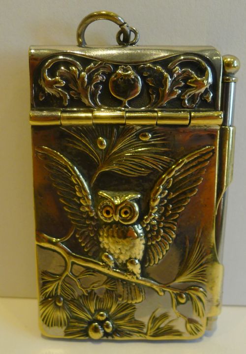 Charming Antique Novelty Aide Memoir - Owl with Glass Eyes C.1900
