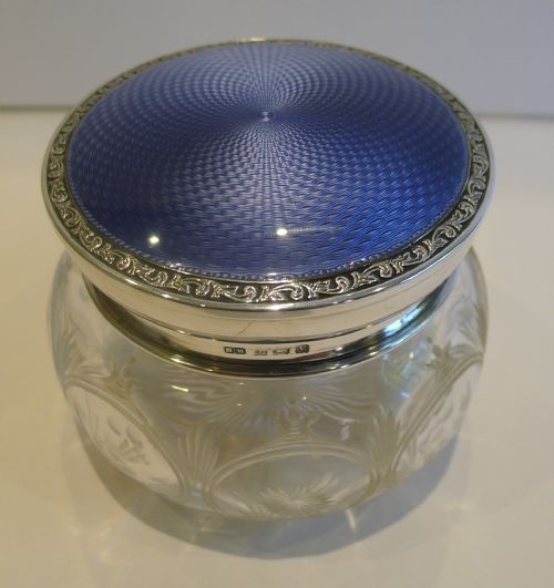 Stunning English Crystal, Sterling Silver and Guilloche Enamel Powder Bowl - 1923