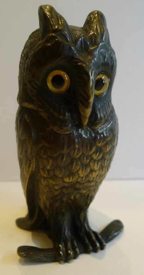 Fabulous Antique Figural Inkwell - Cast Brass or Bronze Owl with Glass Eyes C.1890