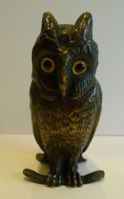 fig 1. Fabulous Antique Figural Inkwell - Cast Brass or Bronze Owl With Glass Eyes c.1890