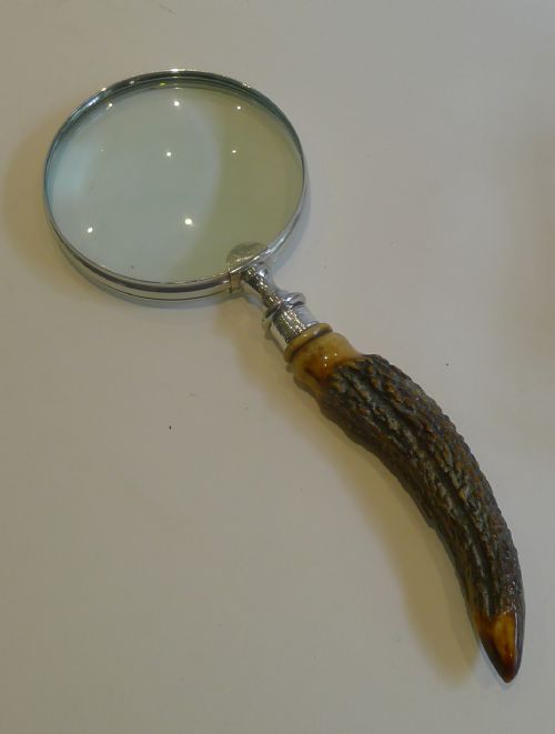 Grand Vintage English Antler Horn & Sterling Silver Magnifying Glass - 1919