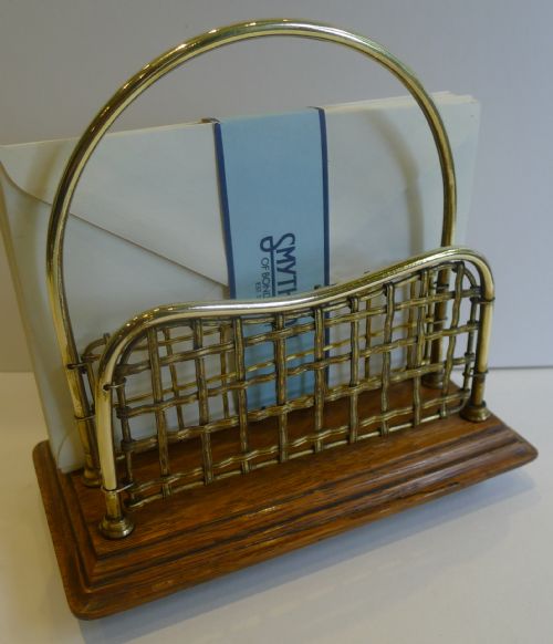 Antique English Oak and Brass Mesh Letter Rack / Holder C.1890