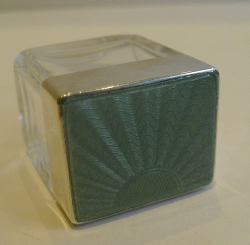 Small English Art Deco Cut Glass, Sterling Silver & Guilloche Enamel Box - 1939