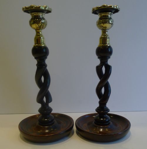 Pair Antique English 10" Oak Open Barley Twist Candlesticks - Brass Thistle Tops