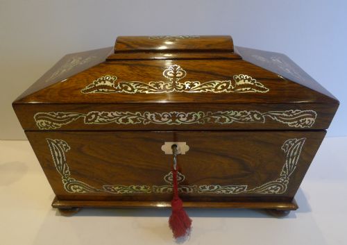 Antique English Mother of Pearl Inlaid Rosewood Tea Caddy C.1830