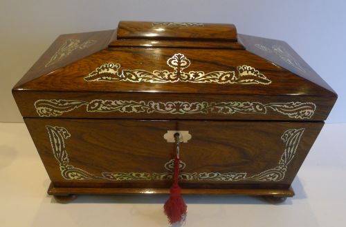 fig 1. Antique English Mother of Pearl Inlaid Rosewood Tea Caddy c.1830
