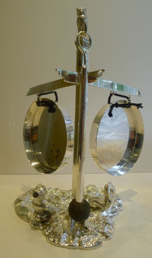 RARE ANTIQUE SILVER PLATED ENGLISH NOVELTY TABLE GONG 1888 - ADDITIONAL PHOTO 5