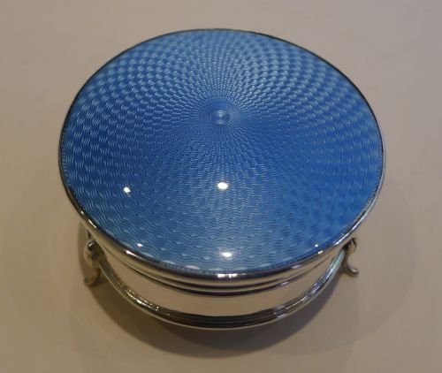 English Sterling Silver & Blue Guilloche Enamel Jewellery Box -1925