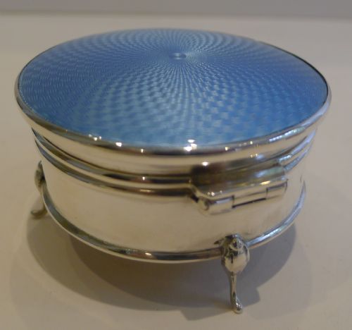 fig 1. English Sterling Silver & Blue Guilloche Enamel Jewellery Box -1925