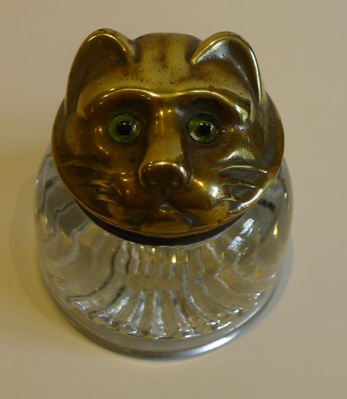 Fabulous Antique English Glass & Brass Cat Inkwell - Original Glass Eyes