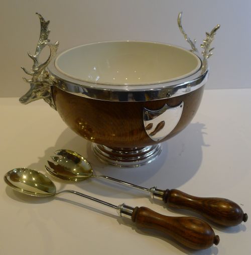 Magnificent Stag Handled Oak & Silver Plated Salad Bowl and Servers by Daniel Arter C.1890