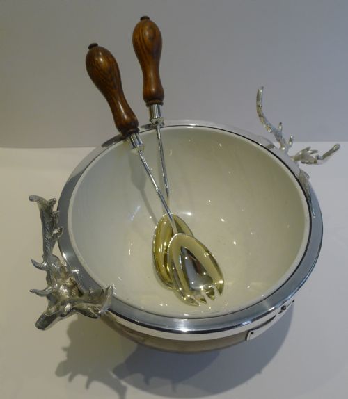 fig 1. Magnificent Stag Handled Oak & Silver Plated Salad Bowl and Servers by Daniel Arter c.1890