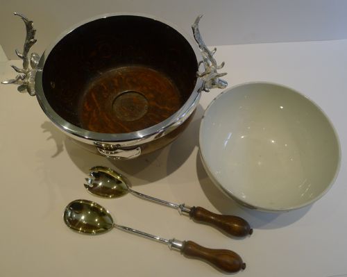 fig 2. Magnificent Stag Handled Oak & Silver Plated Salad Bowl and Servers by Daniel Arter c.1890