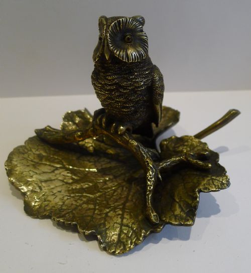 Charming Antique Figural English Desk Tray and Inkwell - Owl with Glass Eyes