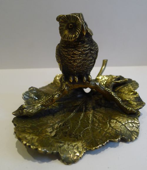 fig 1. Charming Antique Figural English Desk Tray and Inkwell - Owl With Glass Eyes