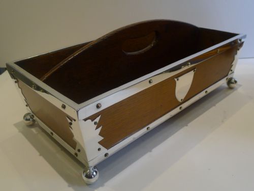 fig 1. Outstanding Antique English Oak and Silver Plated Cutlery Tray c.1890