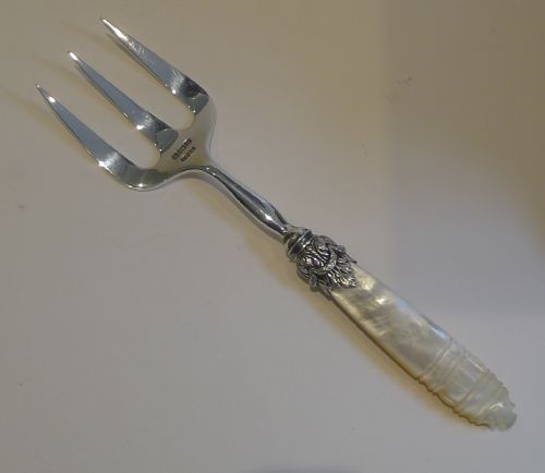 Antique English Mother of Pearl and Sterling Silver Bread / Serving Fork