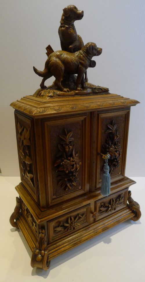 Antique Black Forest Figural Jewellery Cabinet C.1900 - St Bernard Dogs