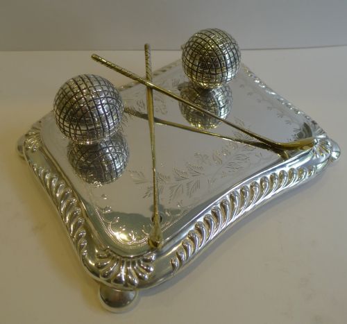 Antique English Novelty Silver Plated Inkwell - Golf - C.1900