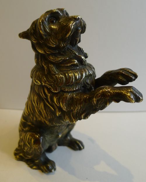 Charming Antique English Bronze Figural Inkwell - Begging Dog with Original Glass Eyes