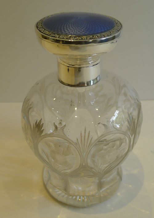 Stunning English Crystal, Sterling Silver and Guilloche Enamel Perfume Bottle - 1924