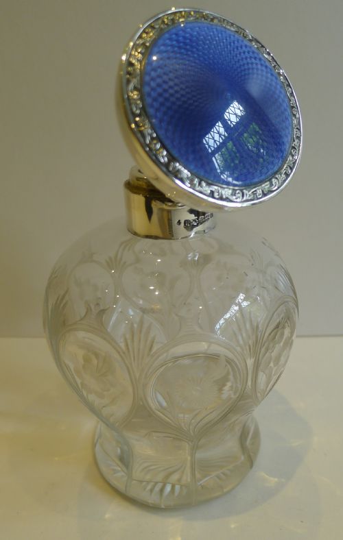 fig 1. Stunning English Crystal, Sterling Silver and Guilloche Enamel Perfume Bottle - 1924