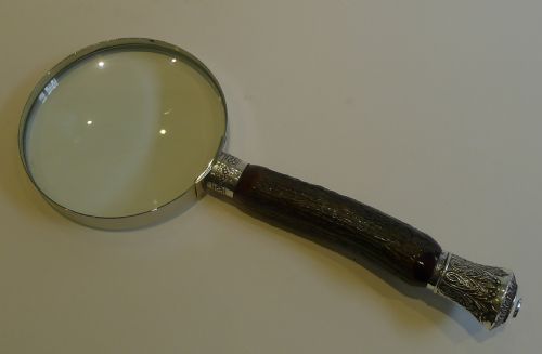 Grand Antique English Antler Horn & Sterling Silver Magnifying Glass - 1881