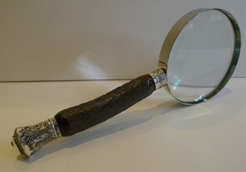 fig 1. Grand Antique English Antler Horn & Sterling Silver Magnifying Glass - 1881