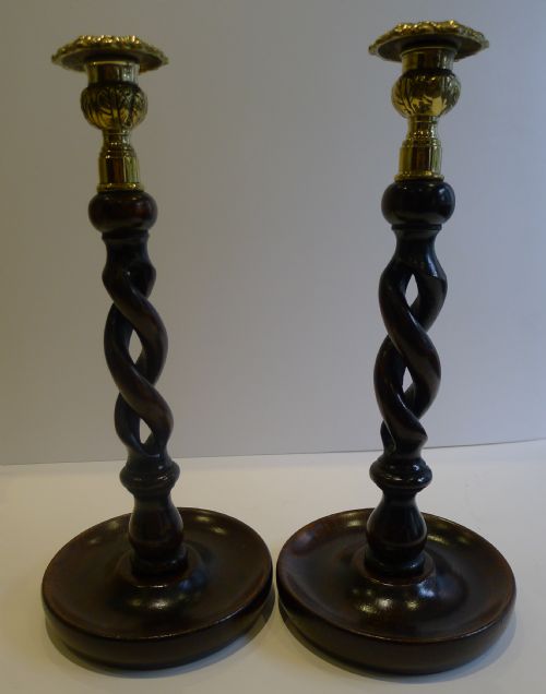 Pair Antique English Oak Open Barley Twist Candlesticks - Brass Thistle Tops