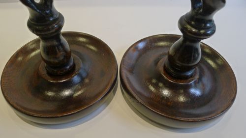 fig 1. Pair Antique English Oak Open Barley Twist Candlesticks - Brass Thistle Tops