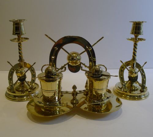 Magnificent Antique English Equestrian Desk Suite - Inkwell and Candlesticks