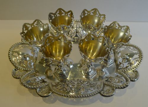 fig 1. Antique English Silver Plated Set Six Egg Cups on Reticulated Tray c.1890
