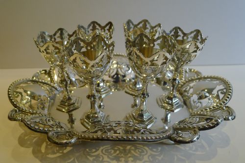 Antique English Silver Plated Set Six Egg Cups on Reticulated Tray C.1890