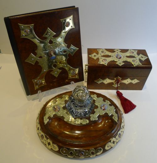 MAGNIFICENT GRAND FRENCH THREE PIECE DESK SET HAND PAINTED PORCELAIN INSET C1860 - ADDITIONAL PHOTO 10