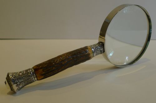 Grand Antique English Antler Horn & Sterling Silver Magnifying Glass - 1881