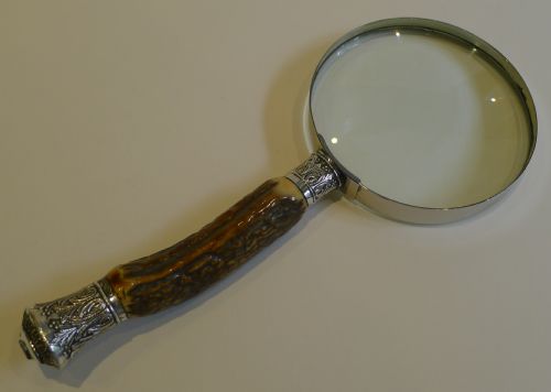 fig 1. Grand Antique English Antler Horn & Sterling Silver Magnifying Glass - 1881