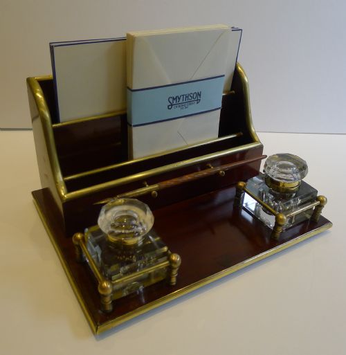 Antique French Mahogany and Brass Desk Set - Inkstand / Stationery Rack C.1900
